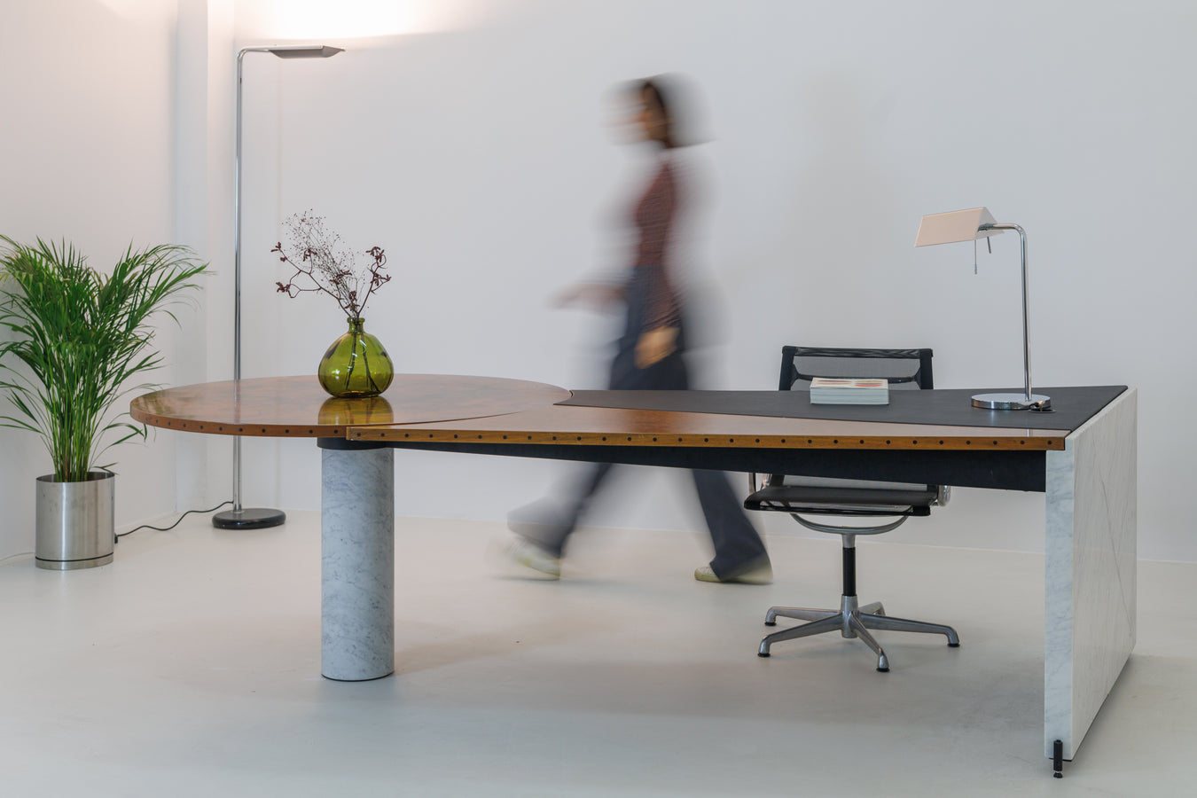 Unique Desk Carrara Marble & Burl Wood - Italy, 1980s