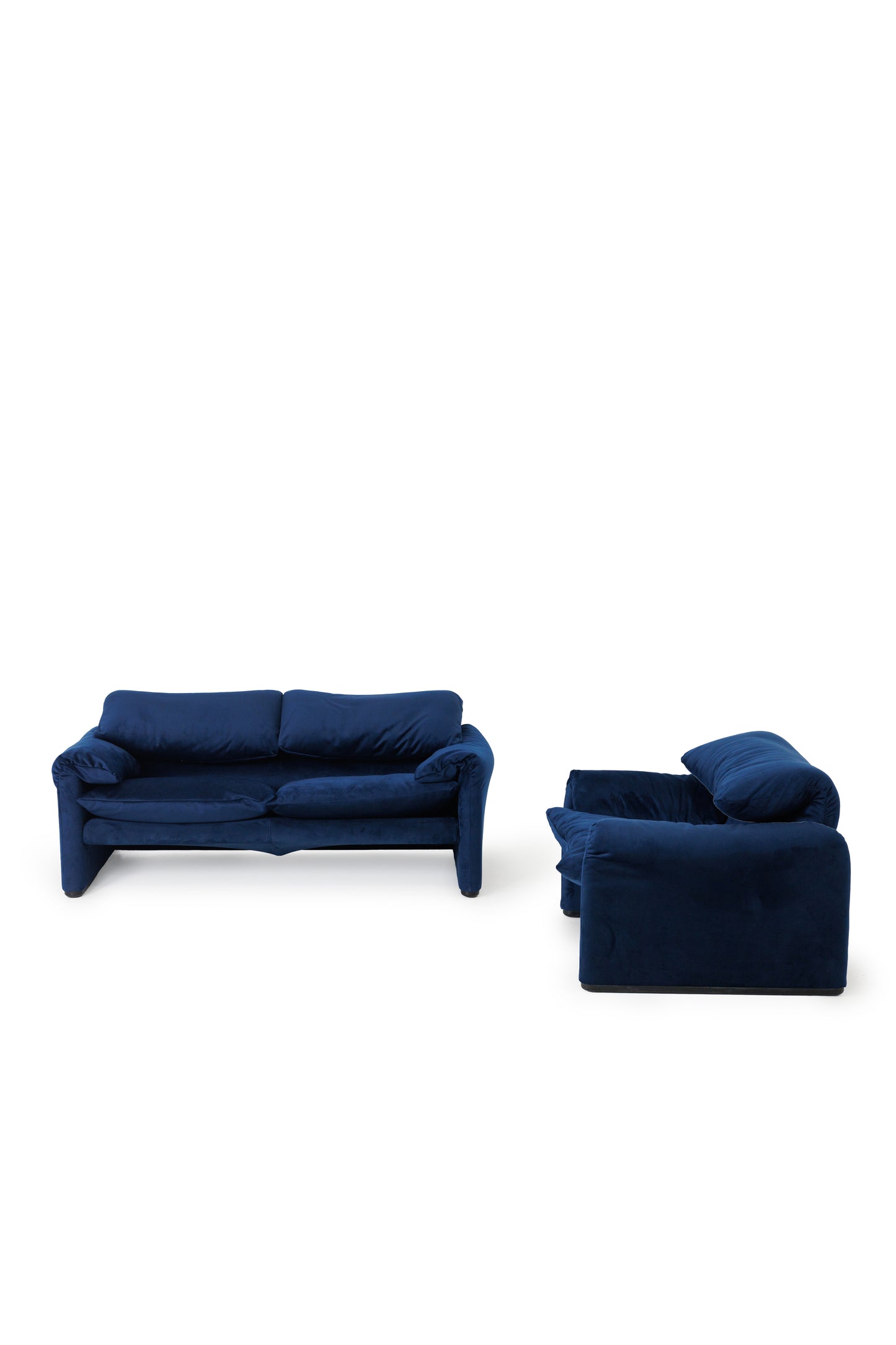 Vintage Blue Velvet Maralunga Armchair & Sofa Set by Vico Magistretti for Cassina