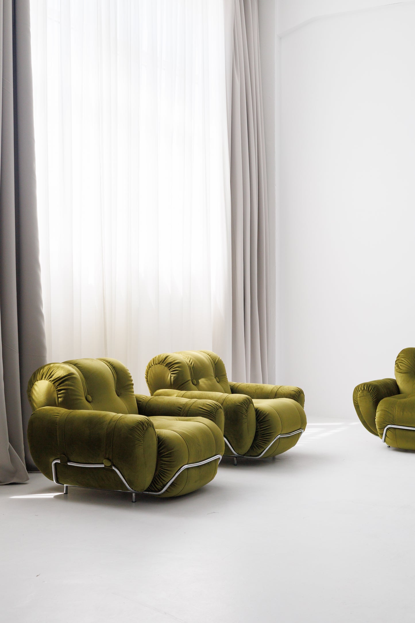 Three Seater Sofa and Armchairs Dining Set by Adriano Piazzesi, Reupholstered Olive Velvet