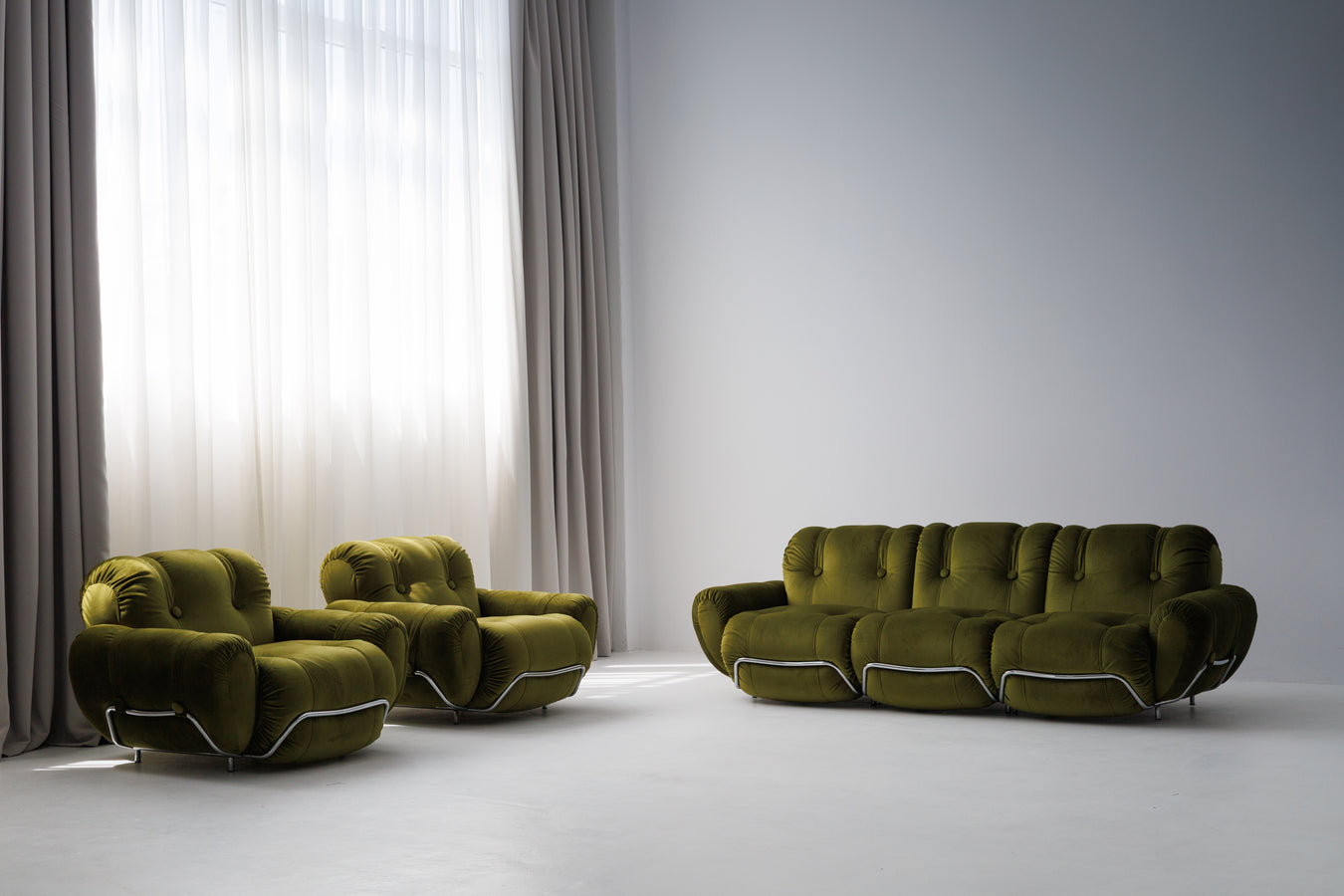 Three Seater Sofa and Armchairs Dining Set by Adriano Piazzesi, Reupholstered Olive Velvet