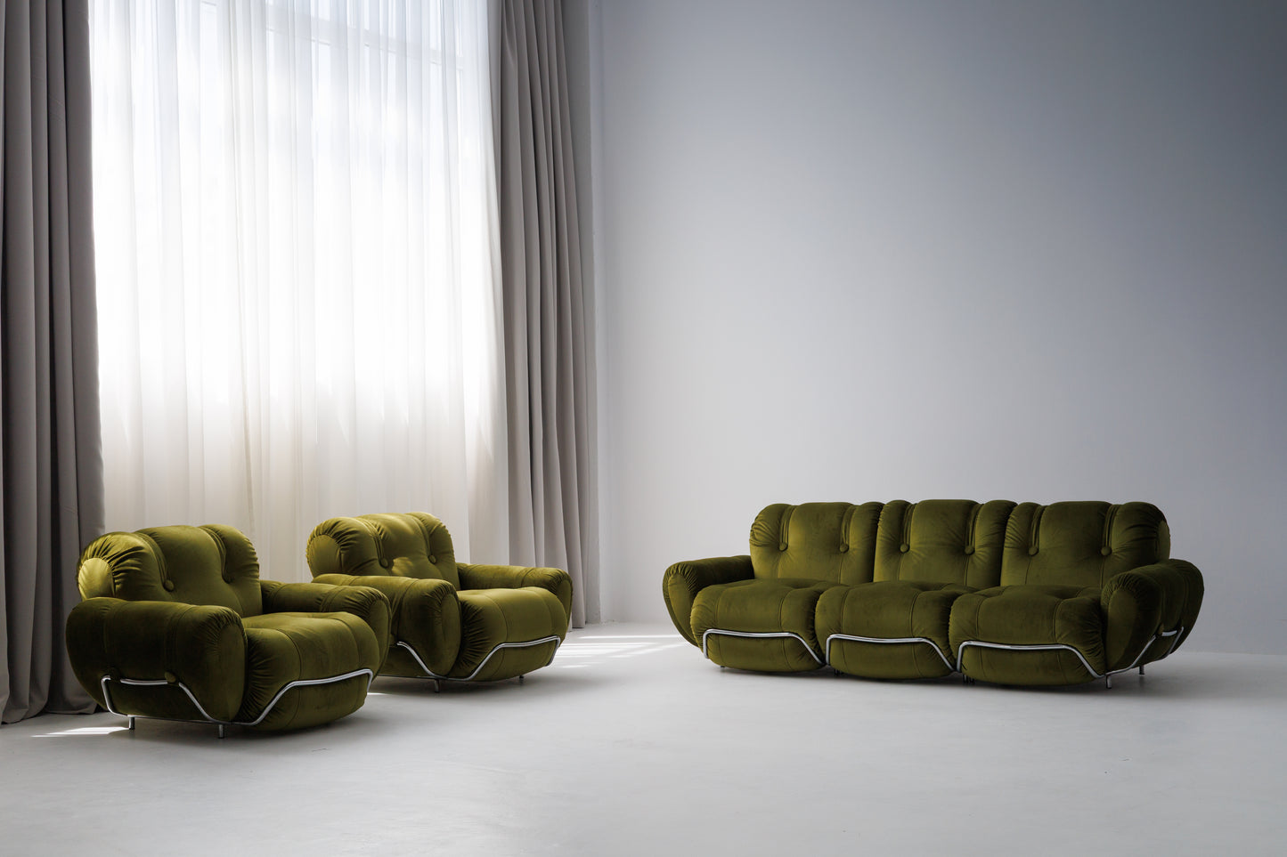 Three Seater Sofa and Armchairs Dining Set by Adriano Piazzesi, Reupholstered Olive Velvet
