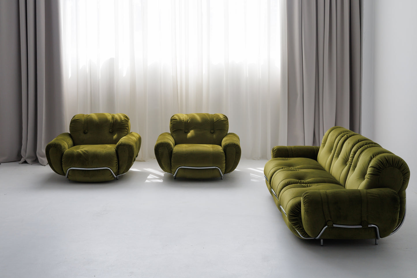 Three Seater Sofa and Armchairs Dining Set by Adriano Piazzesi, Reupholstered Olive Velvet