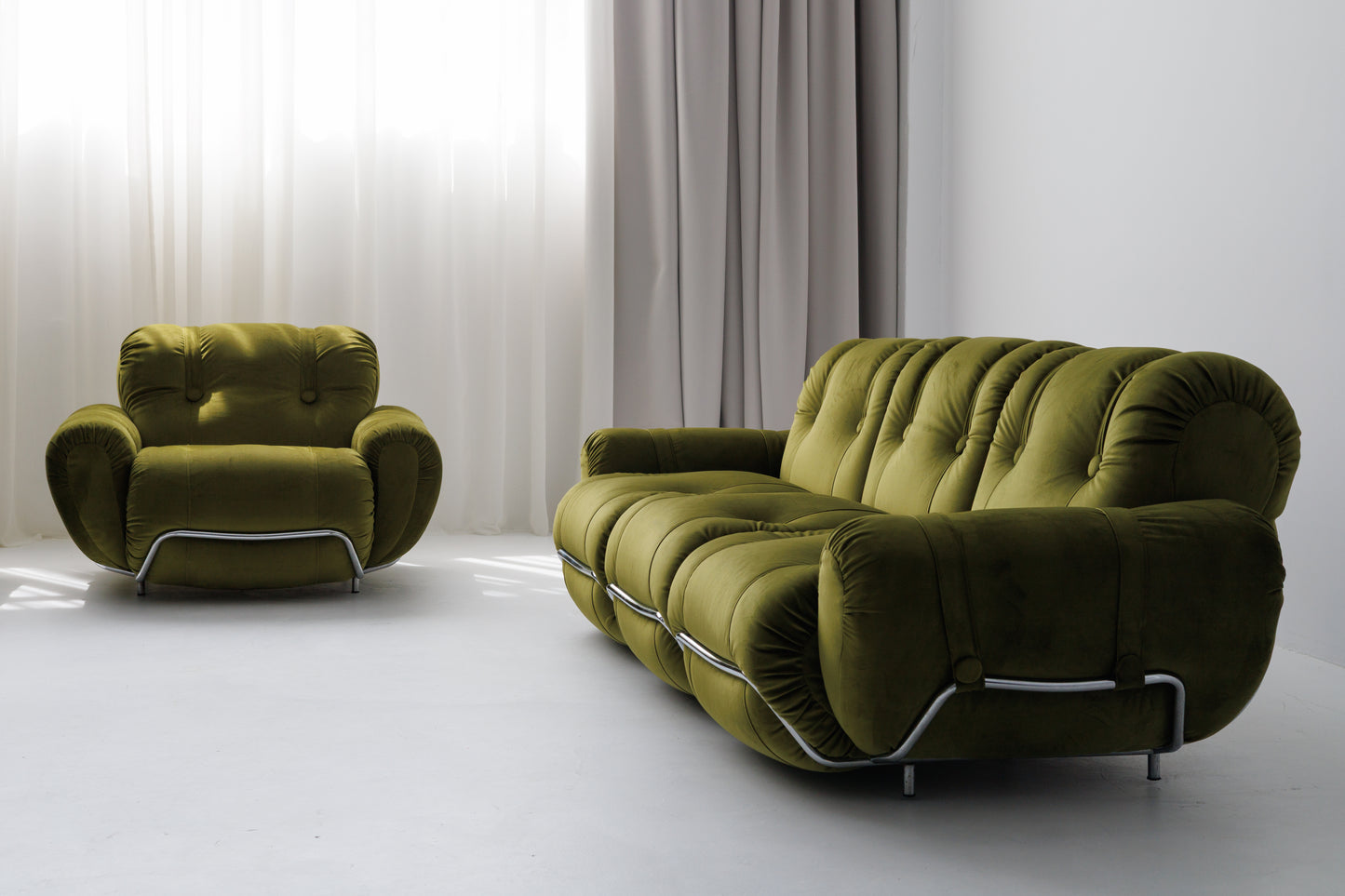 Three Seater Sofa and Armchairs Dining Set by Adriano Piazzesi, Reupholstered Olive Velvet