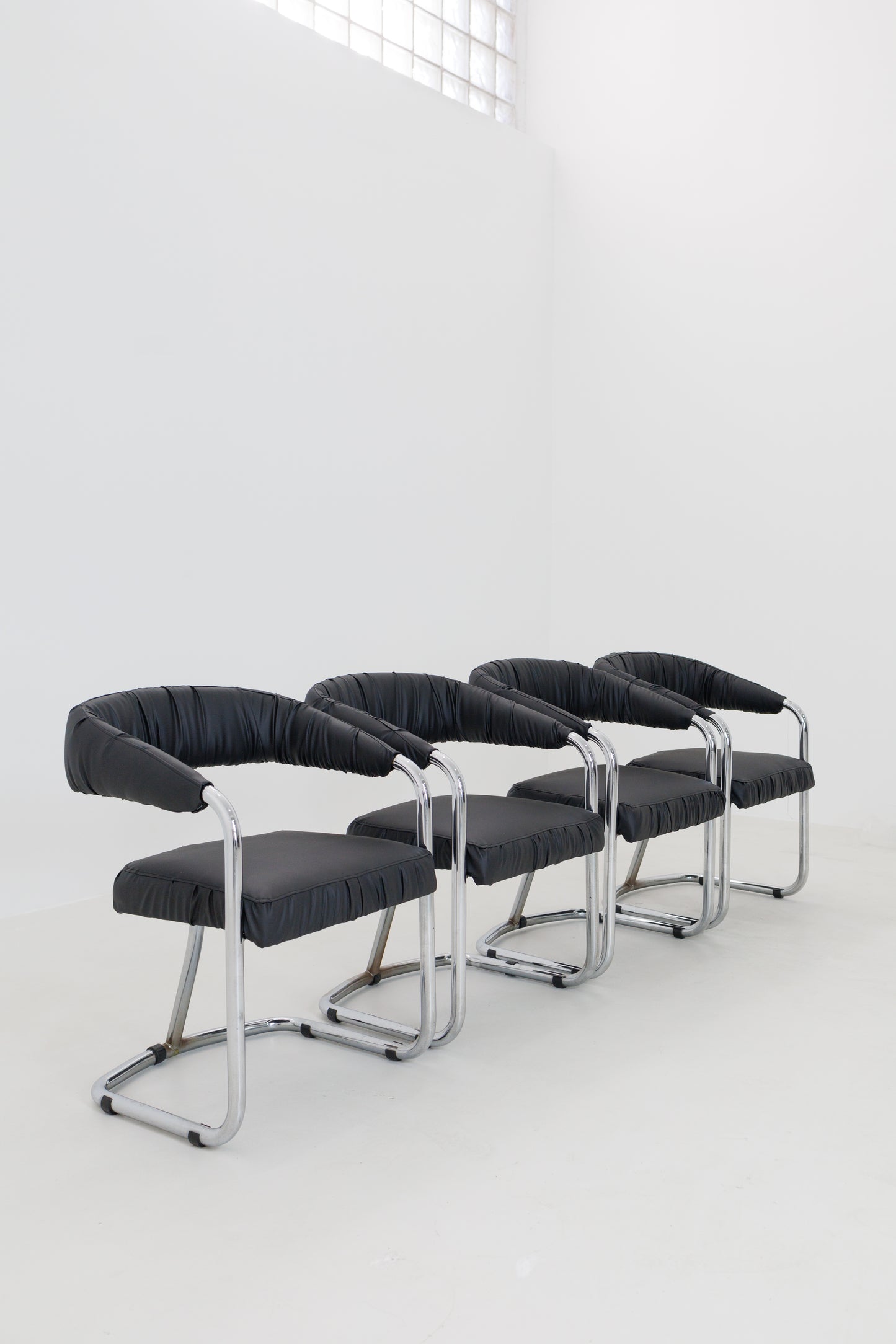 Set of 4 Postmodernist Chairs - Reupholsted Black Leather