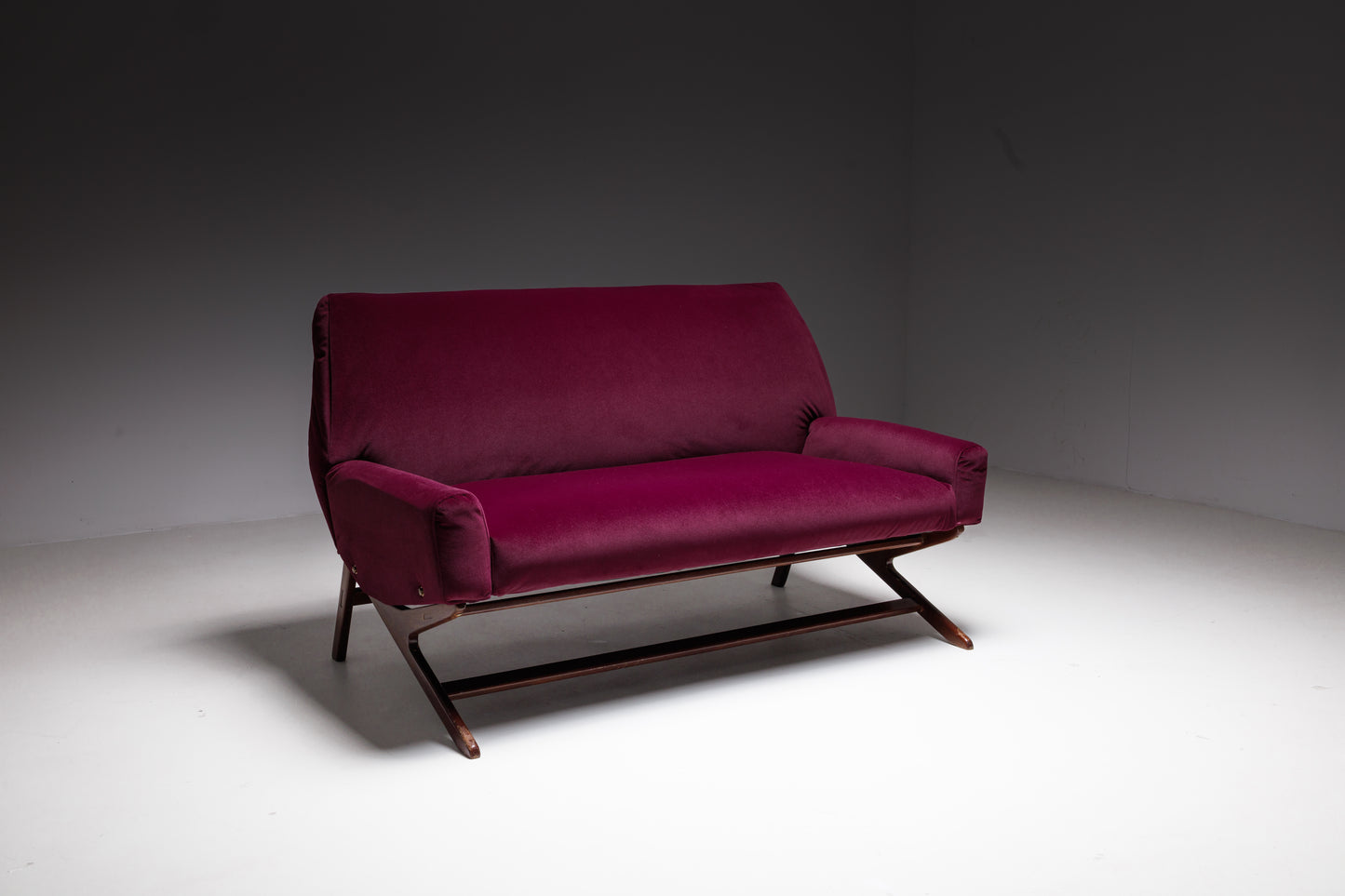 Burgundy Velvet Mid-Century Sofa - Reupholstered