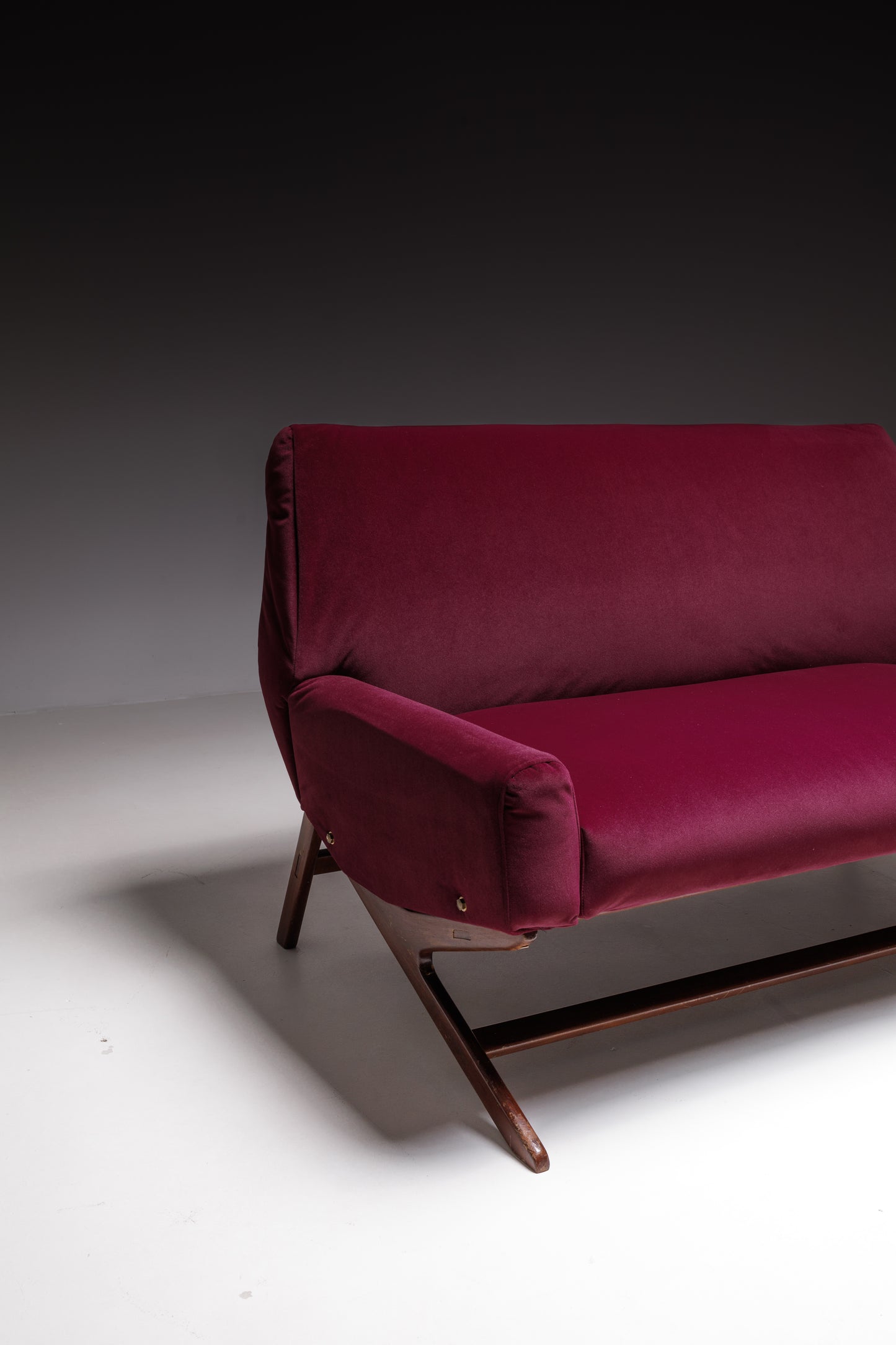 Burgundy Velvet Mid-Century Sofa - Reupholstered