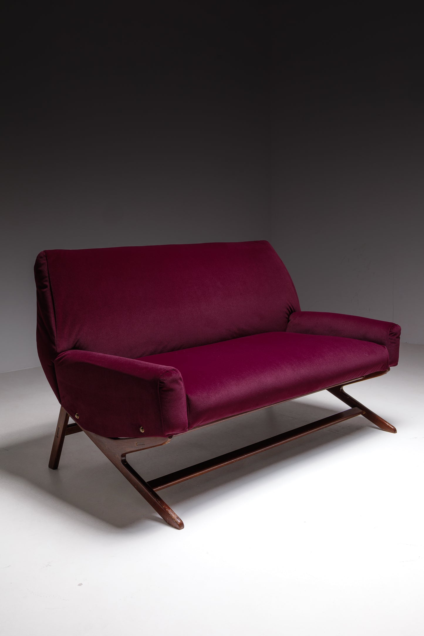 Burgundy Velvet Mid-Century Sofa - Reupholstered