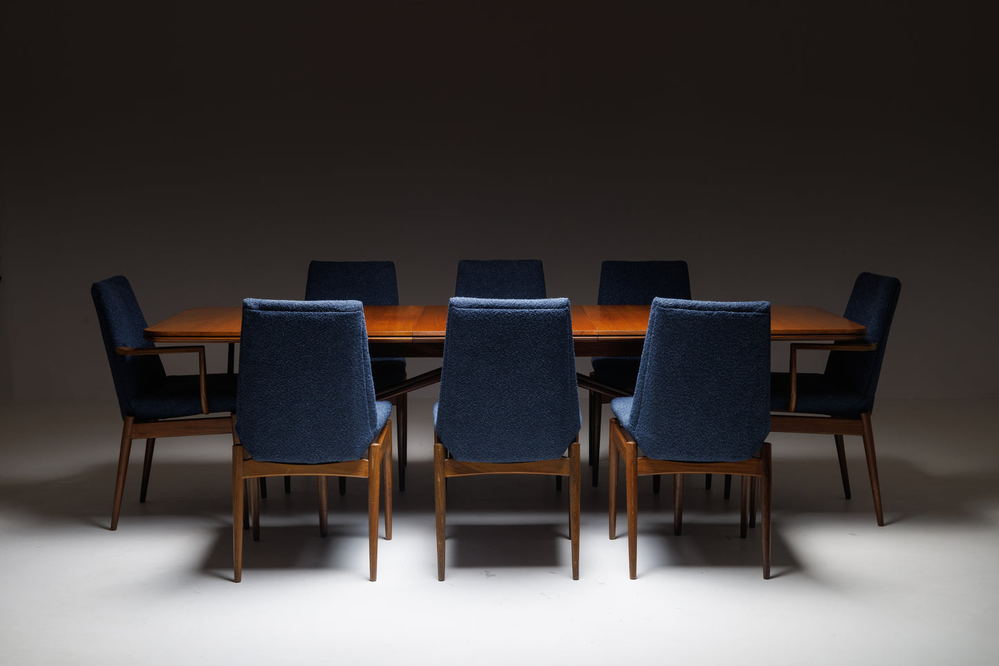 Mid Century Modern Dining Set of 8 Seats - Dark Blue Boucle