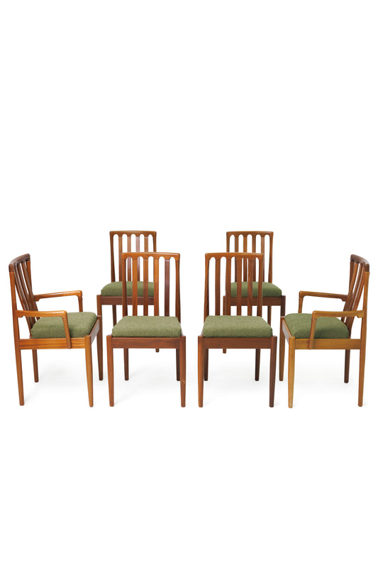 Set of Six Mid-Century Dining Chairs with Green Upholstery